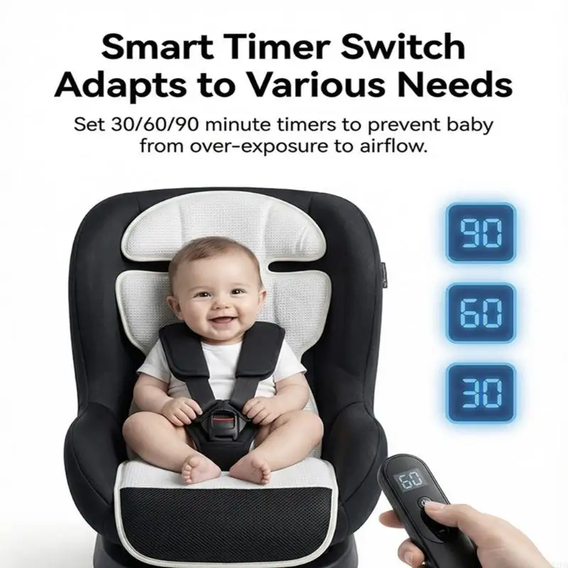 Baby Strollers Cooling Pad With 3 Speed Adjustable Fan Built-in And Timer For Summer Outdoor Use A2UB