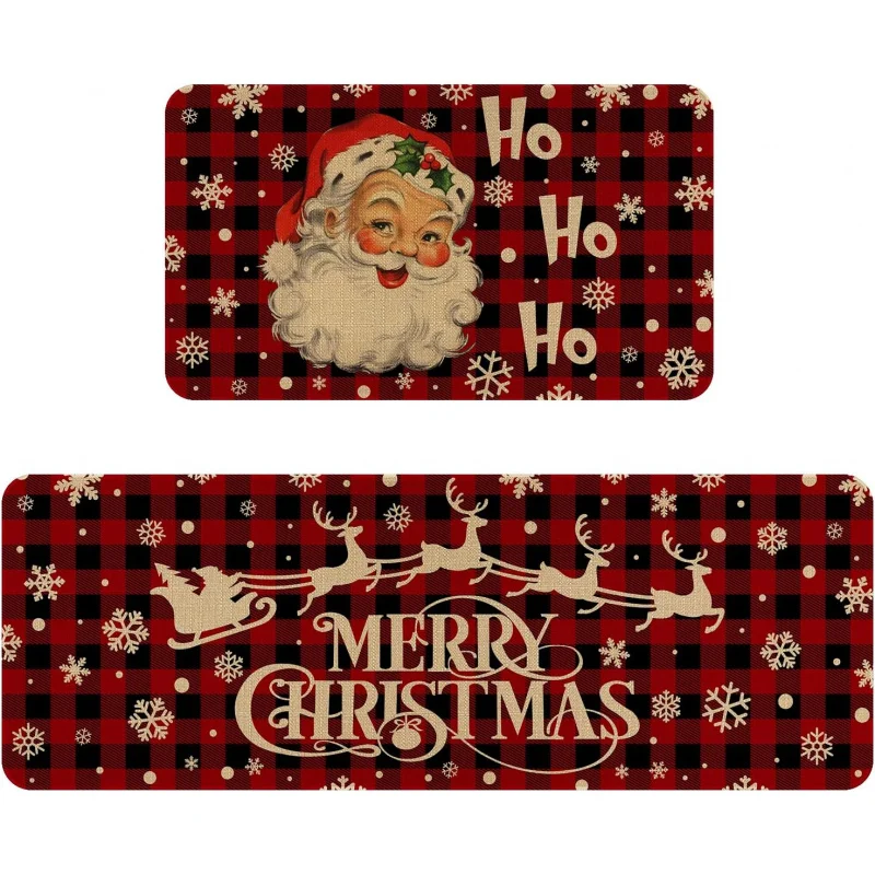 Merry Christmas kitchen floor mat 2-piece set red Buffalo Grid decorative outdoor door mat 20inx31in 18inx47in