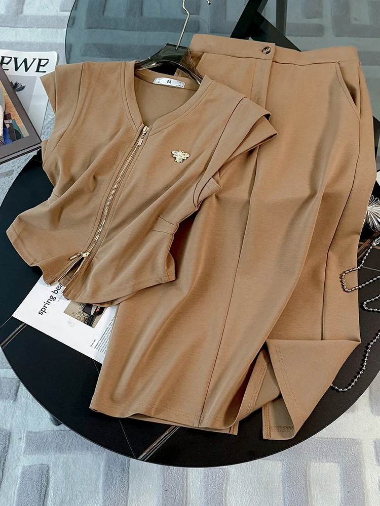 

Элегантный повседневный спортивный костюм для женщин: укороченный кардиган с коротким рукавом и юбка, комплект из двух предметов для похудения, летний наряд из хлопка с V-образным вырезом