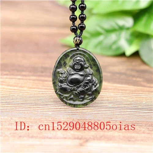 Natural Black Green Chinese Jade Maitreya Pendant Obsidian Necklace Charm Jewelry Accessories Carved Amulet Gifts for Men