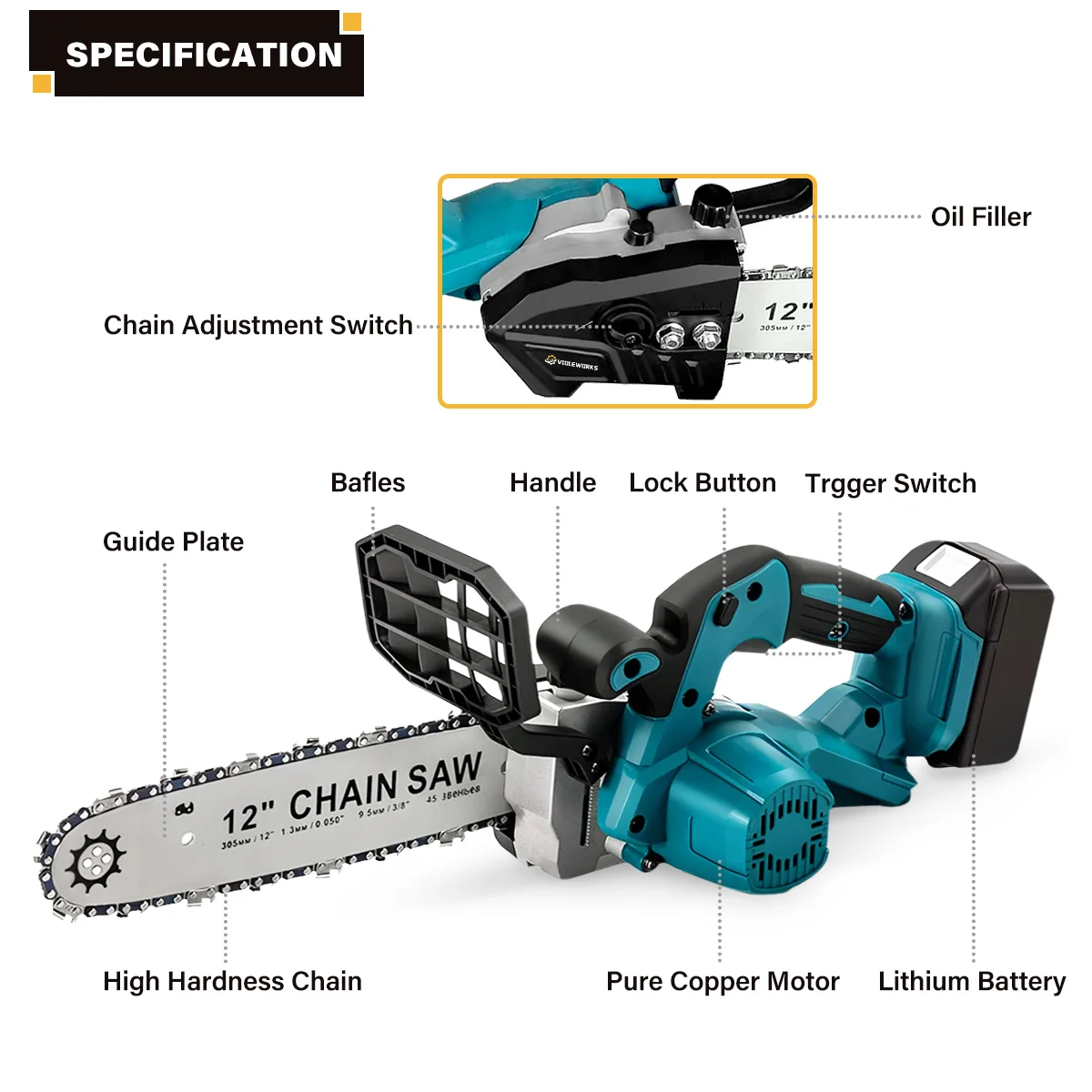 12 Inch Brushless Cordless Electric Chainsaw 5000W Garden Purning Saw with Two Chains Tree Branches Cut for Makita 18V Battery