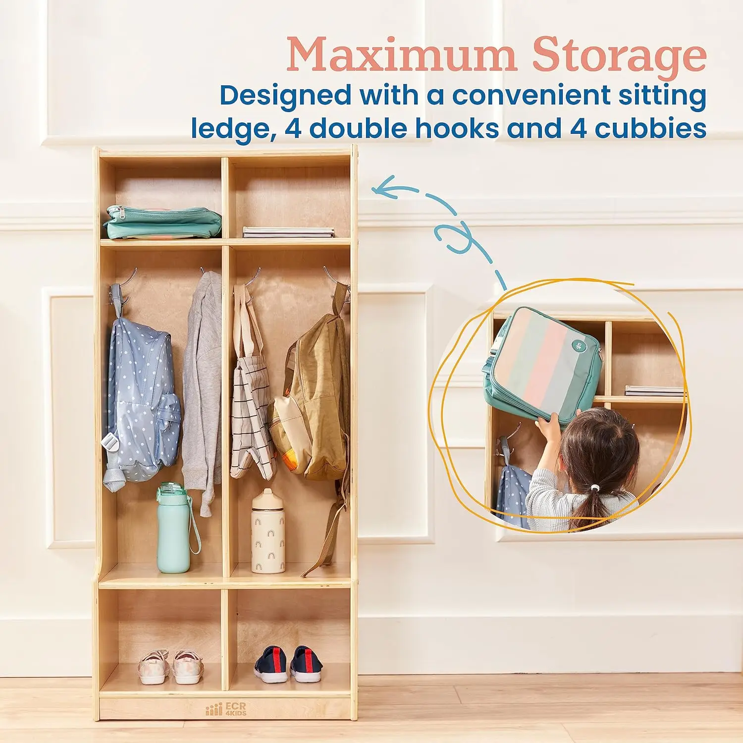 خزانة معطف مكونة من قسمين مع مقعد، أثاث فصول الدراسية من الخشب الطبيعي للأطفال، مساحة تخزين متينة