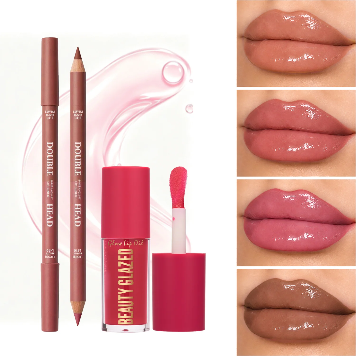 2pcs/Set:1pc Dual-Color Lip Liner Pencil&1pc Hydrating Lip Oil,Waterproof,Transfer-Resistant,All-Day Wear,Natural Satin Finish.
