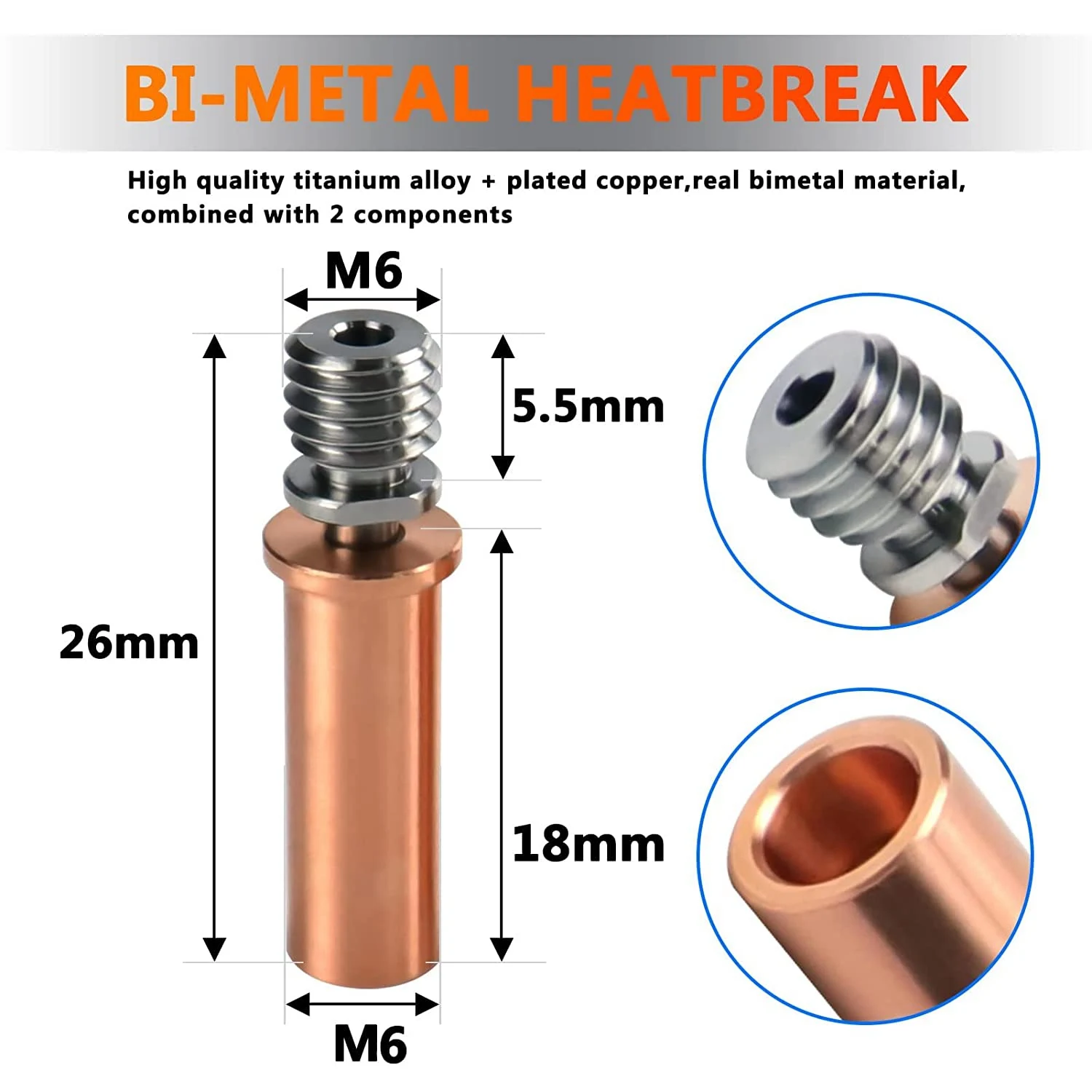 New Bimetal Heatbreak Copper Titanium TC4 Throat High Temperature for Anycubic Mega S, Mega Pro, Vyper 3D Printer Parts