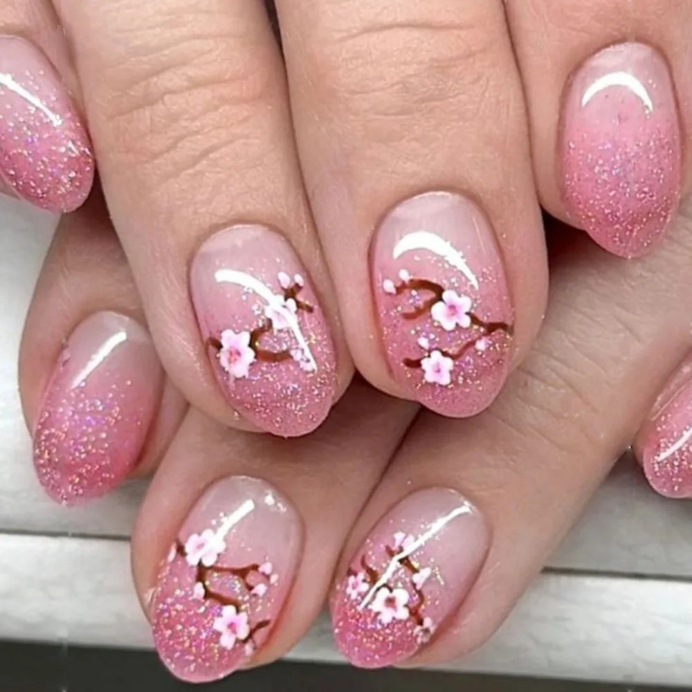 24 pçs design de flor unhas falsas gradiente rosa pó brilhante unhas falsas curto oval imprensa em unhas conjuntos moda cobertura completa dicas de unhas