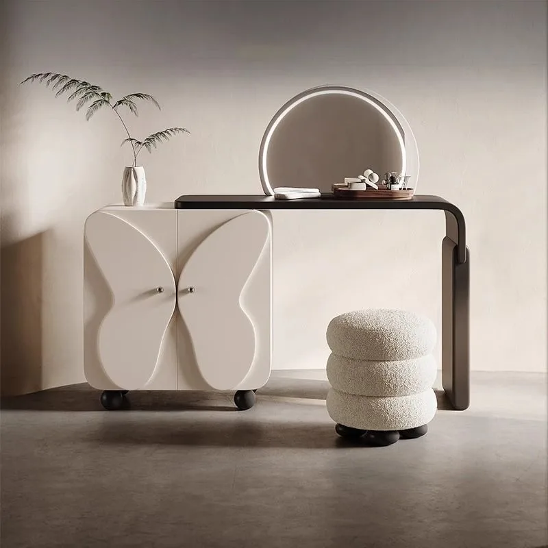 Modern Bedroom Storage Cabinet with Lighted Makeup Mirror Solid Wood Butterfly Door Dressing Table for Living Room