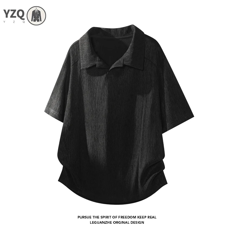 Male Lightweight Crinkled Lapel Short Sleeve Top Open V Neck Curved Hem Detail Loose Silhouette For Vacation Daily Look