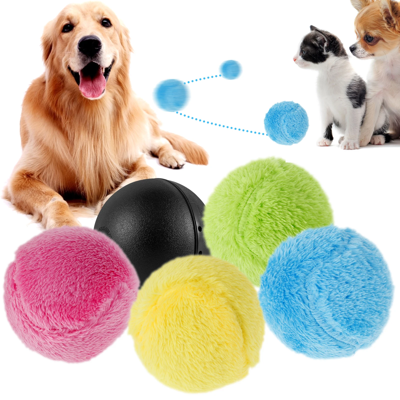 Dog Automatic Rolling Ball Toy Cat Interactive Ball Pet Stress Relief Chew Kicker Toy with 4 Ball Cover Home Indoor Toys