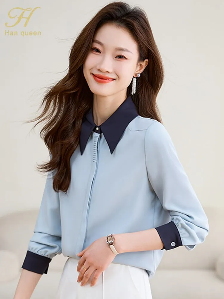 H Han Queen Spring Autumn Long Sleeve Top Elegant Blouses Colorblock Simple Shirt Korean Casual Chiffon Blouse Women Clothing