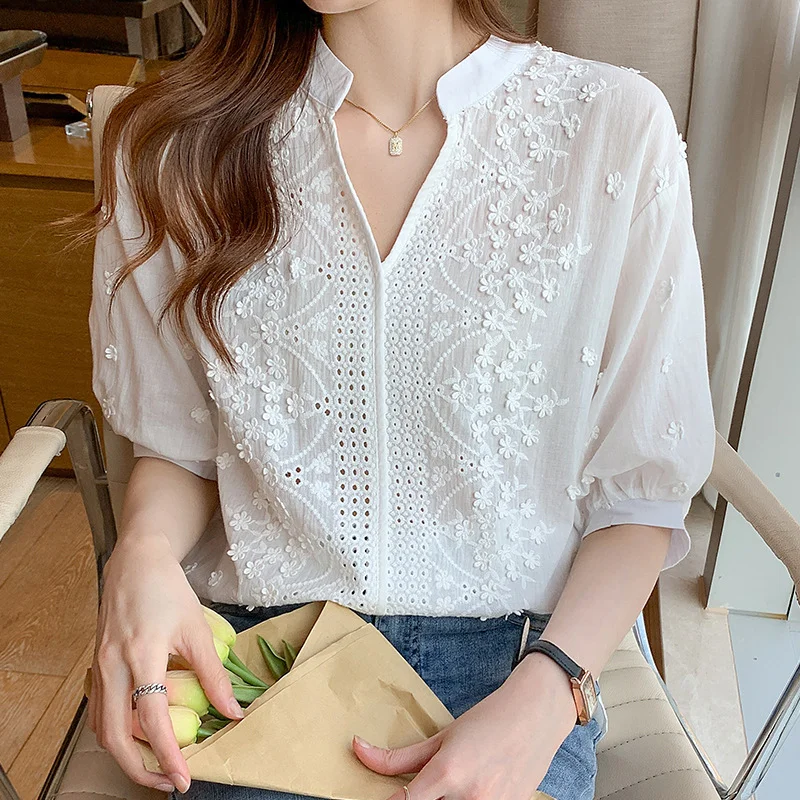 Summer Floral Embroidery Lace Blouse Hollow-out Stand Collar V Neck Casual Shirt Women Elegant Short Sleeve Cotton Tops 24350