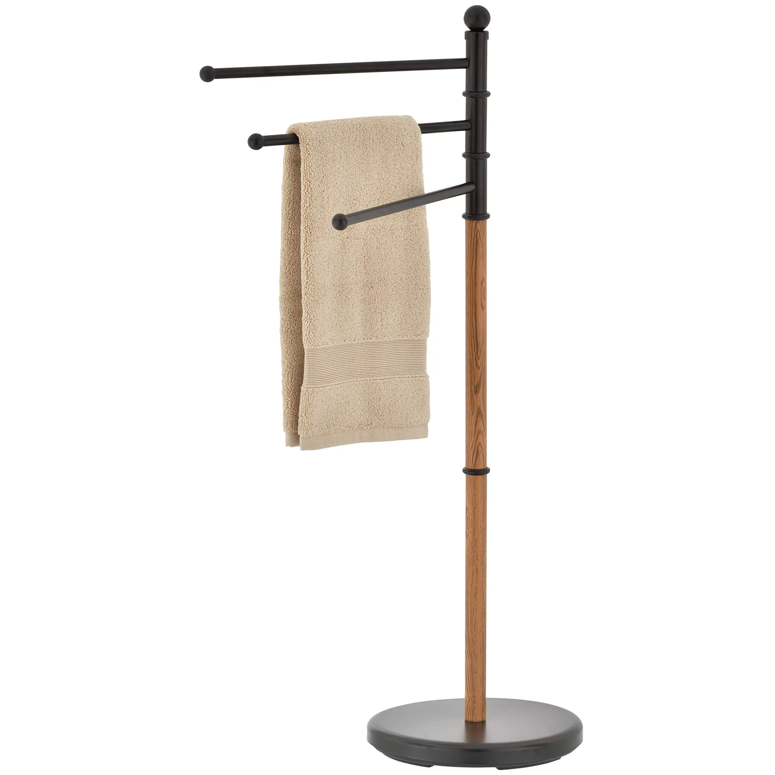 

Black Steel Freestanding Bathroom Towel Rack with 3 Swivel Arms and Oak Wood Indoor Outdoor Pool Spa Towel Hold