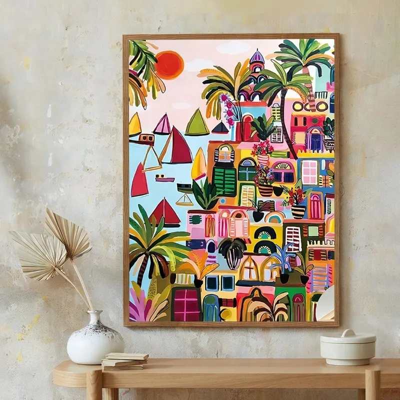 1pc Modern Color Mediterranean Landscape Canvas Prints Watercolor with Fine Line Pen Wall Art Poster for Living Room Home Decor