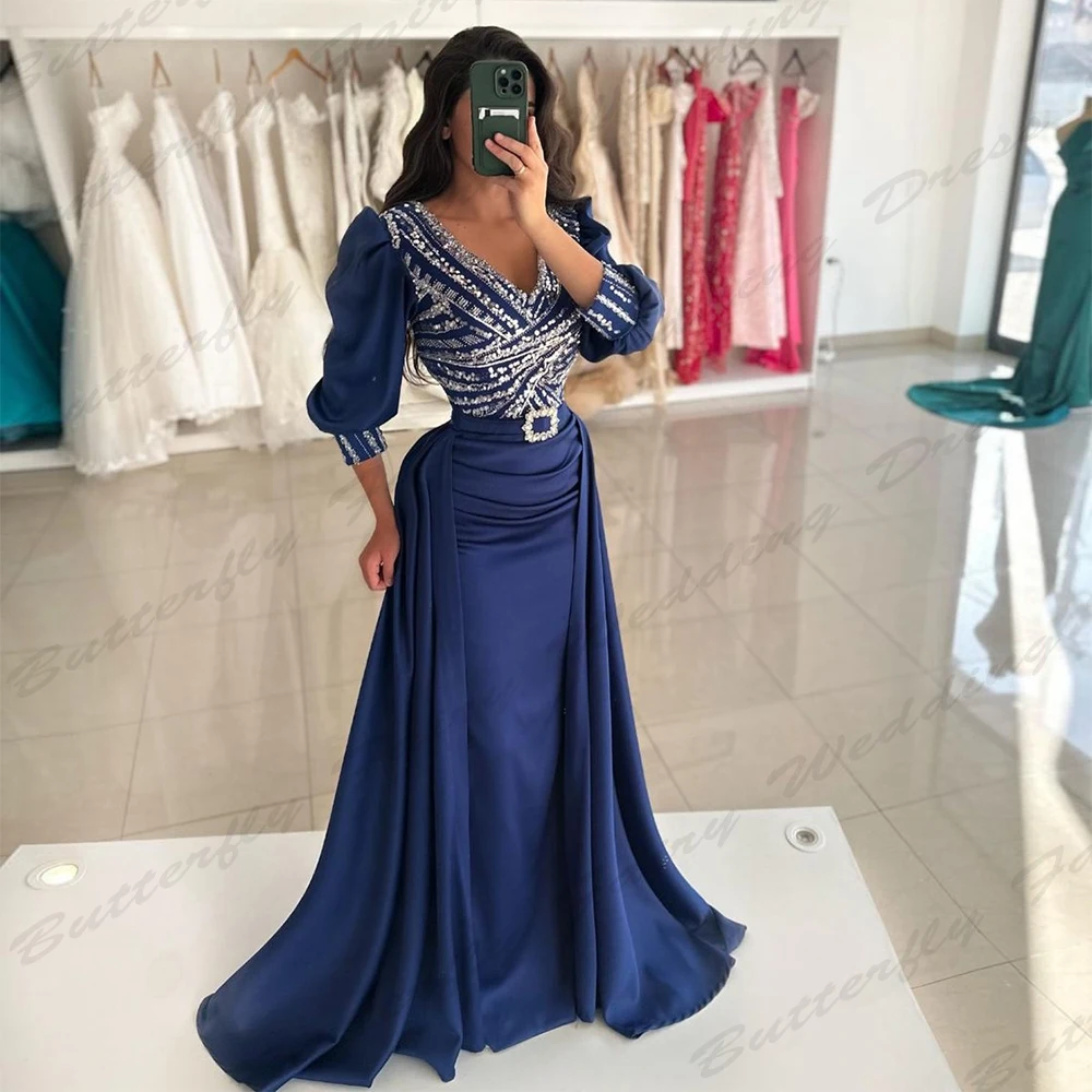 

Exquisite Fascinating Evening Dresses V-neck Gorgeous Beading Simple Fashion Long Sleeved Simple Mopping Prom Gowns For Women