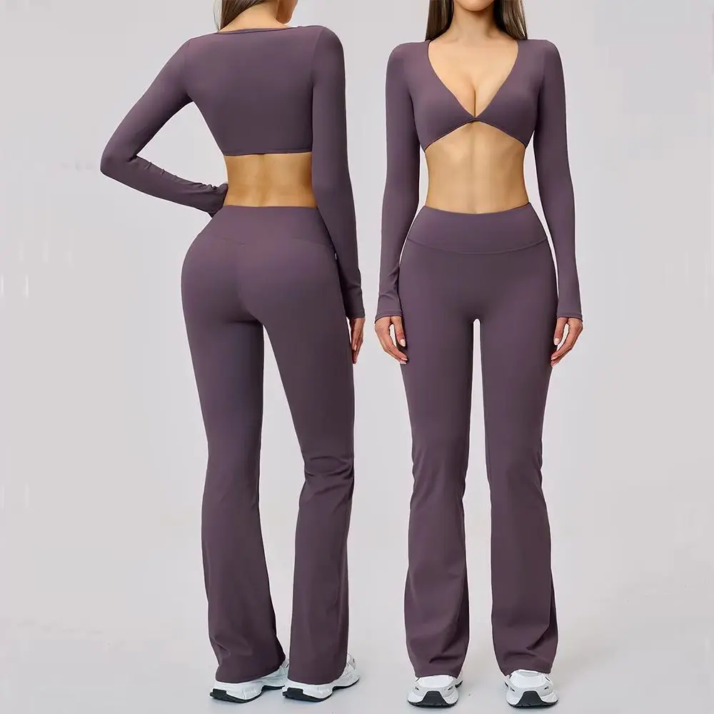 Yoga Set 2PCS Women Outfits Sportswear Workout Clothes Athletic Wear Gym Legging Fitness Bra Crop Top Long Sleeve Sports Suits