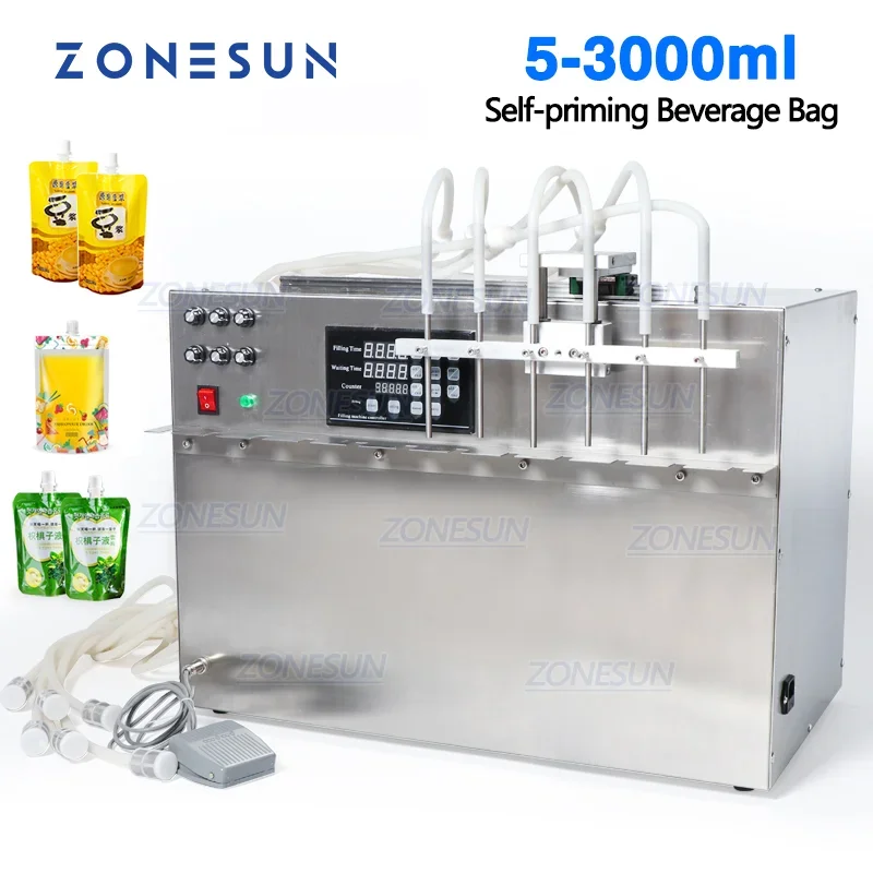 

ZONESUN 6 Heads Self-priming Beverage Bag Liquid Filling Machine Digital Control Compact Precise Numerical Filer ZS-DPSP6