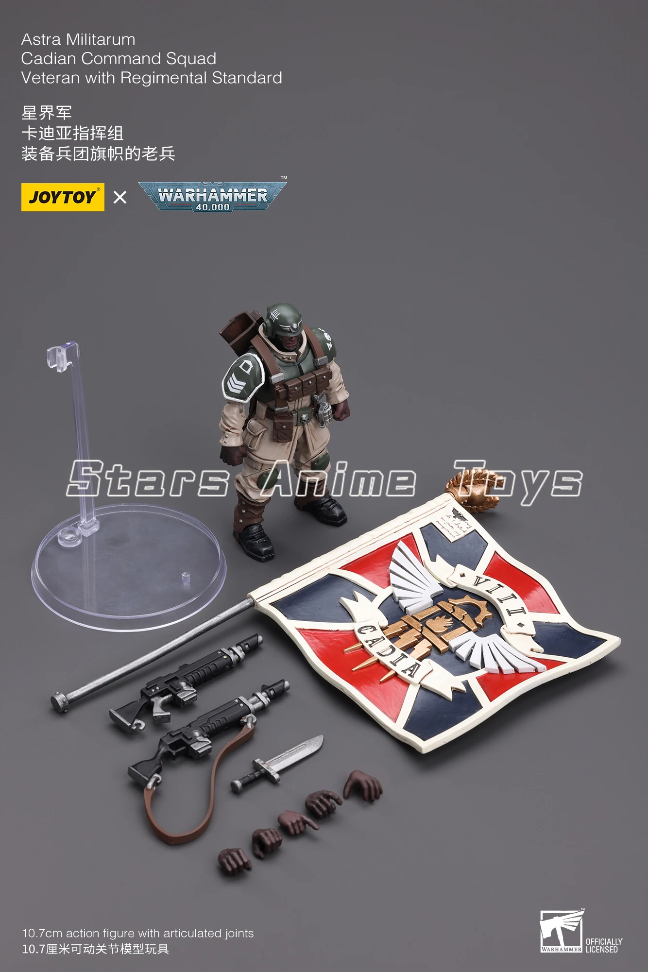 Original JOYTOY 1/18 Action Figure WARHAMMER 40000 Astra Militarum Cadian Command Squad Veteran with Registal Standard Model Toy
