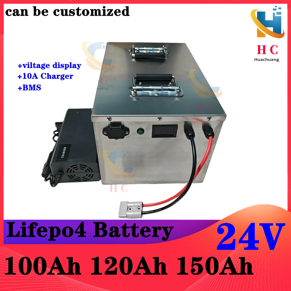 Lifepo4 24v 100ah 120ah 150ah battery with 100A 150A BMS for electric fishing boat solar panel 24V 2000W inverter +10A Charger.