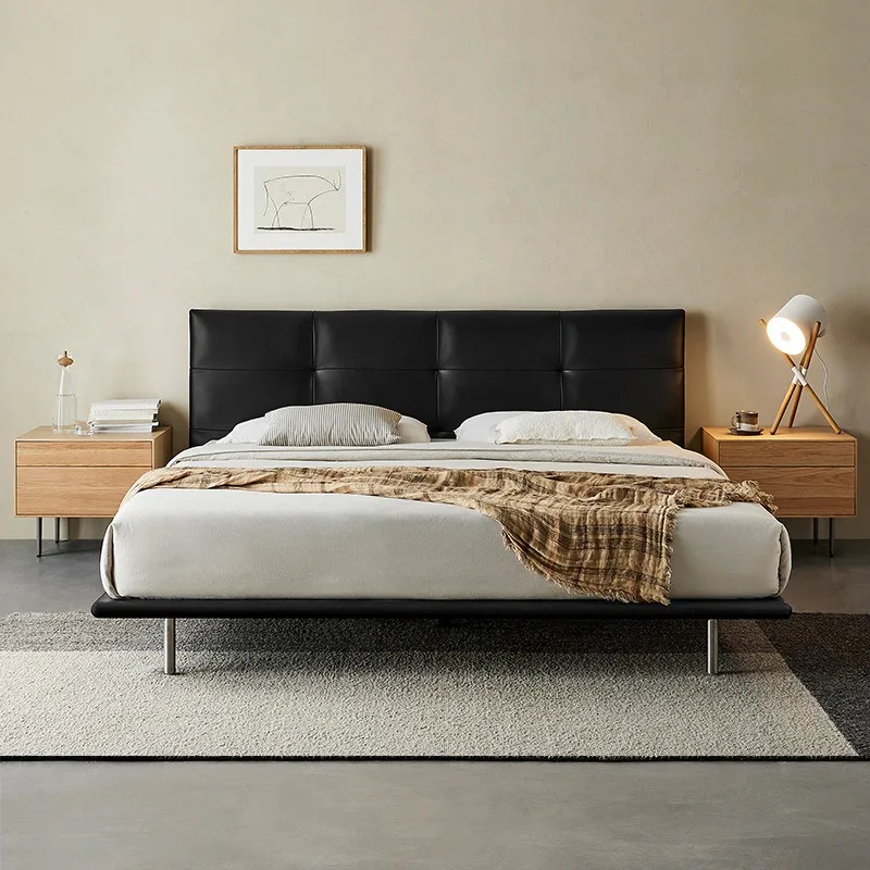 Leather modern simple black master bed, Nordic solid wood suspended double bed