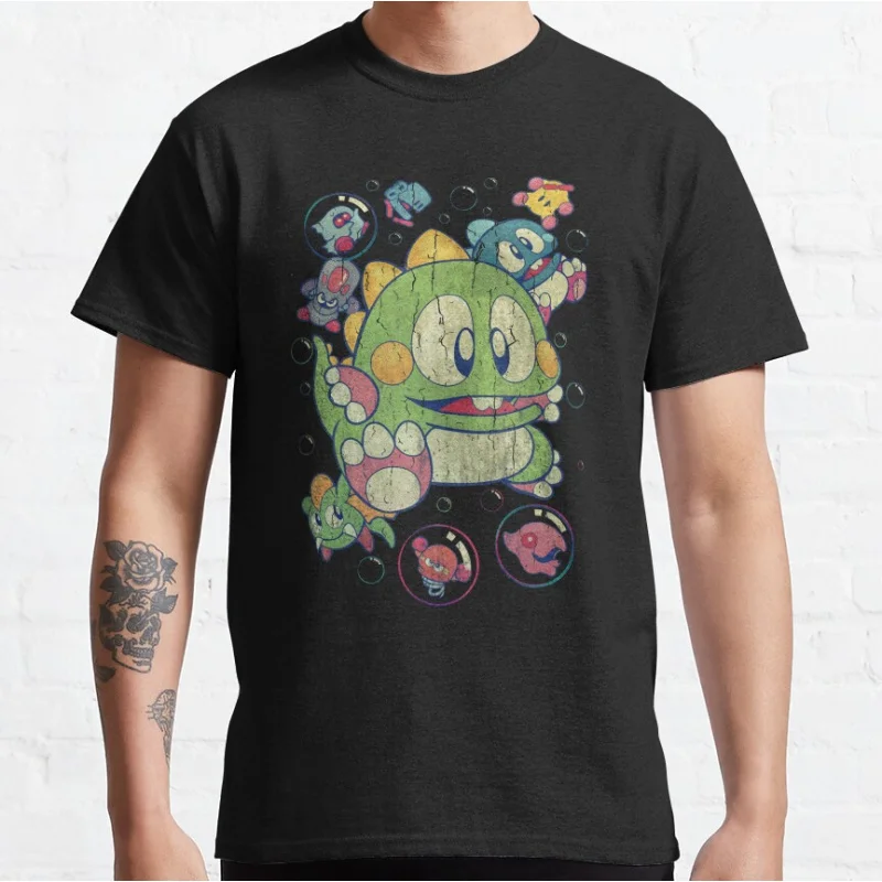 

Vintage Action 80s Kawaii dinosaur Japan Arcade game Bubble Bobble Retro Cute Dragon graphic t shirts large size tops S-6xl