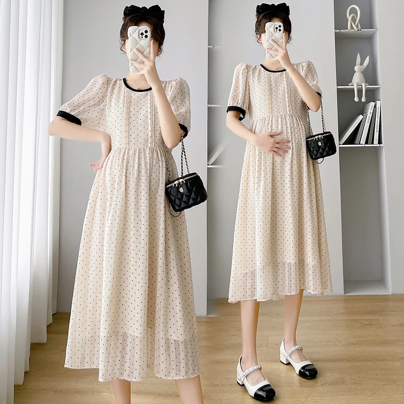 

9675 2024 Summer Korean Fashion Polka Dot Printed Maternity Long Dress Elegant Sweet A Line Clothes For Pregnant Women Pregnancy