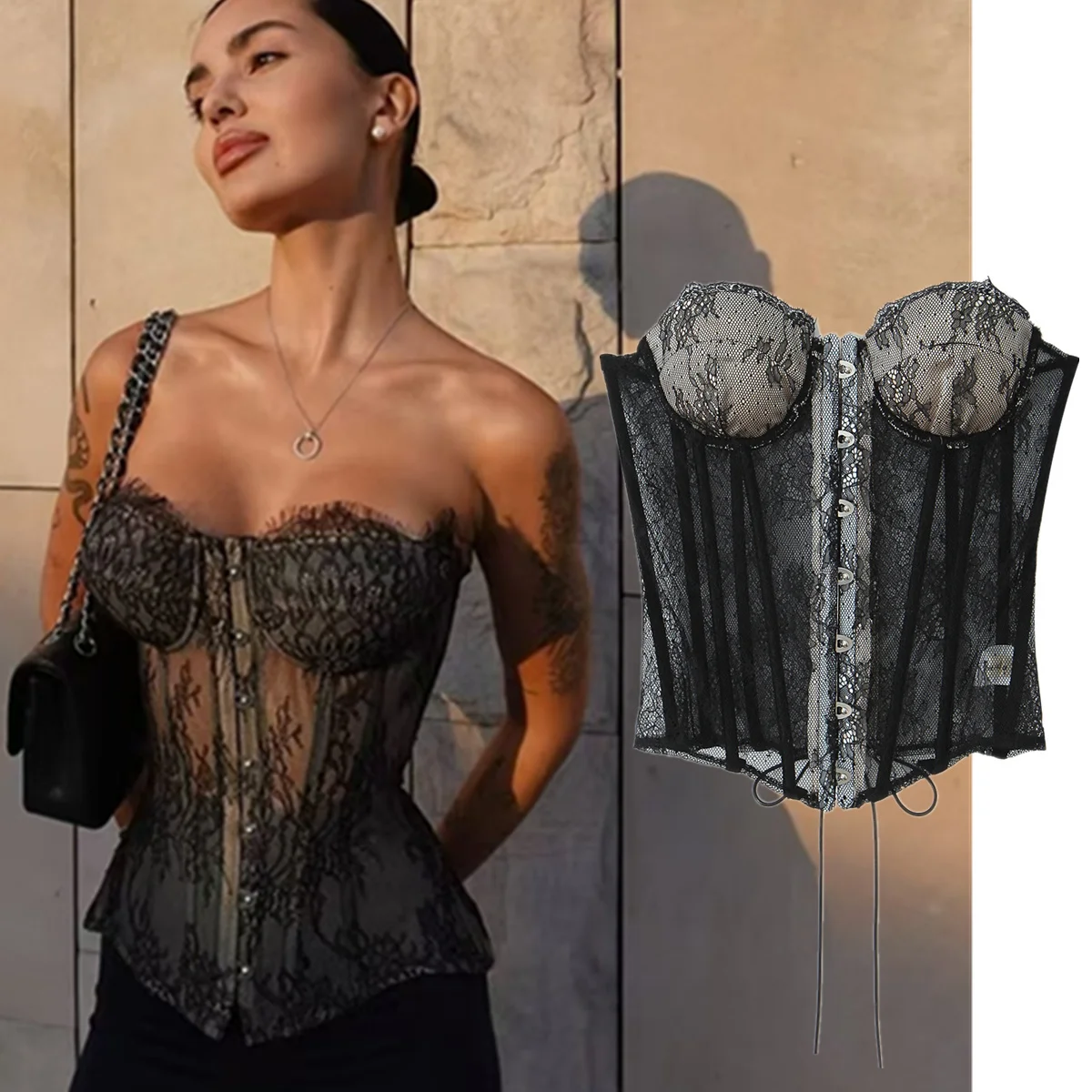 

Maxdutti Ins модный блоггер сексуальный кружевной бандаж с открытыми плечами корсет топы облегающая рубашка футболка женская одежда женская одежда