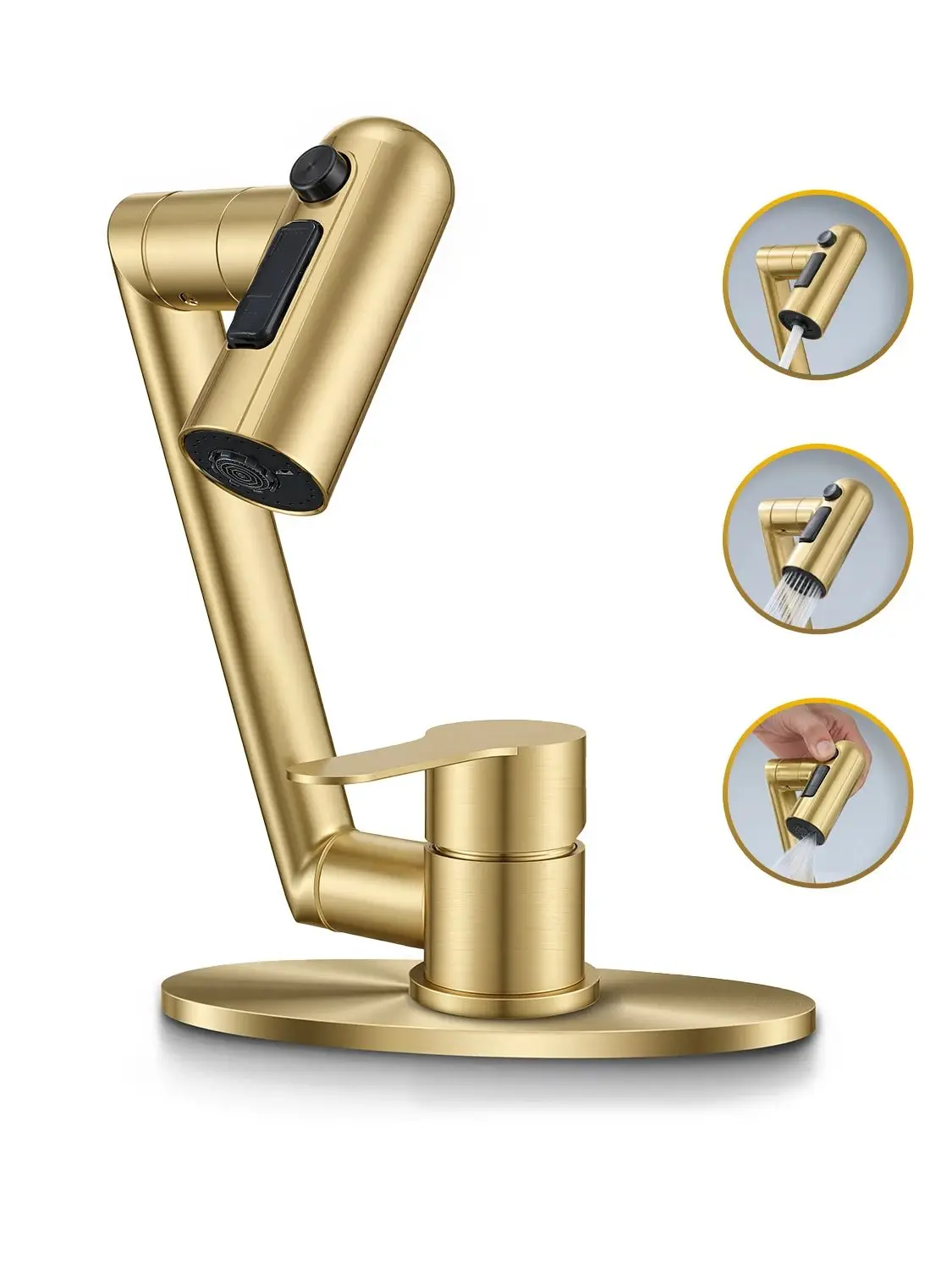 

1080 Swivel Bathroom Sink Faucet Stainless Steel Single Handle 3 Water Outlet Modes for 1 Or 3 Hole Sink Brushed Gold