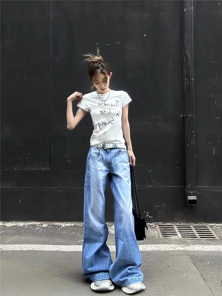

Американские ретро-джинсы с низкой посадкой и широкими штанинами для женщин, свободные, удлиненные, прямые брюки в стиле Hot Girl, летние повседневные, с низкой посадкой, легкие