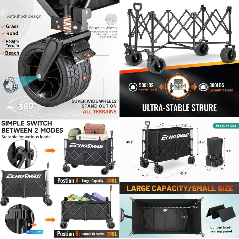 500lb Capacity 300L Collapsible Utility Wagon with All-Terrain Wheels for Outdoor Activities and Shopping
