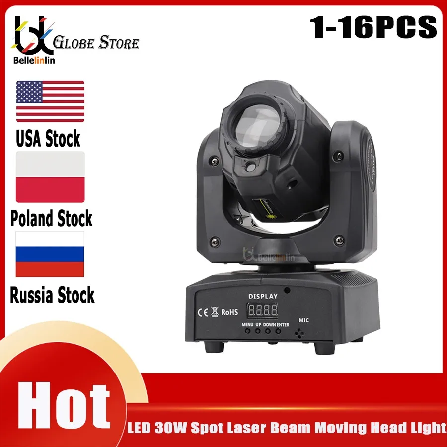 

No Tax 1-16Pcs 30W LED Laser Spot Moving Head Stage Effect Lighting For DJ Disco Events Party DMX Lamp 8 Gobos 8 Colors