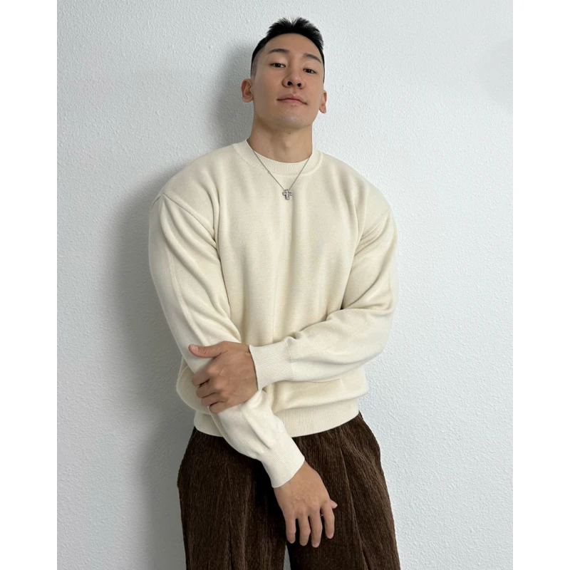 

American Sle Hard Man Small Collar Knitted Sweater Muscle Men Slim Elastic Long Sve Woolen Sweater Fitn Casual Wear