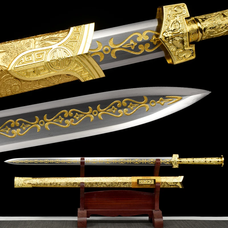 

Golden Chinese Kongfu Jian High Manganese Steel Blade Sharp Real Handmade Full Tang Ready Battle Sword Metal Handle Katanas