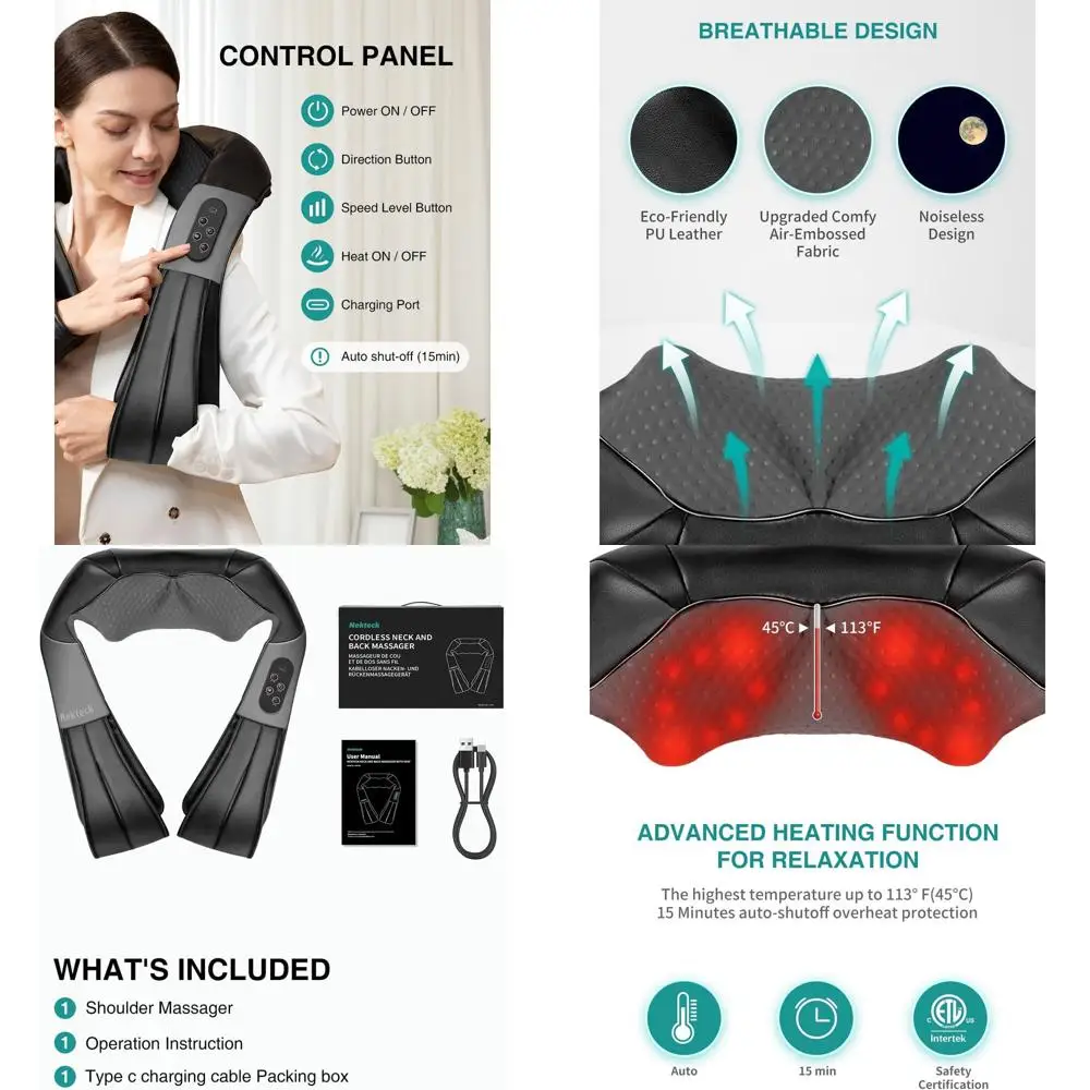 

Беспроводной массажер шиацу с подогревом для шеи и плеч, 3D-подушка для глубокого расслабления тканей, идеальный подарок при болях в мышцах