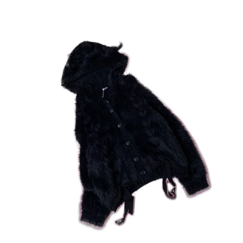 Kardigan Sweater Rajut Manis Longgar dengan Tali Telinga Panjang Plush Asli, Mantel Gaya Lolita Jepang untuk Anak Perempuan