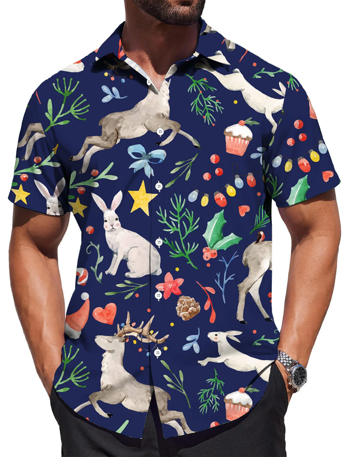 Men's Bohemian Short Sleeve Shirt - Full-Body for Lotus & Leaf Print, Navy Blue with Pink Floral, Re Fit Button-Up Casual Shirt