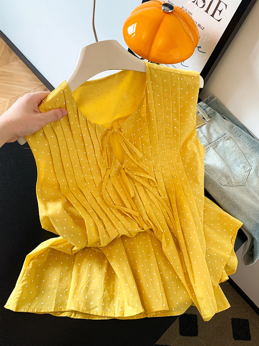 

Sweet Sli Pleated Polka Dot Svel irt Women's Summer Thin High Waist Versatile Regular Length round Ne Button De...