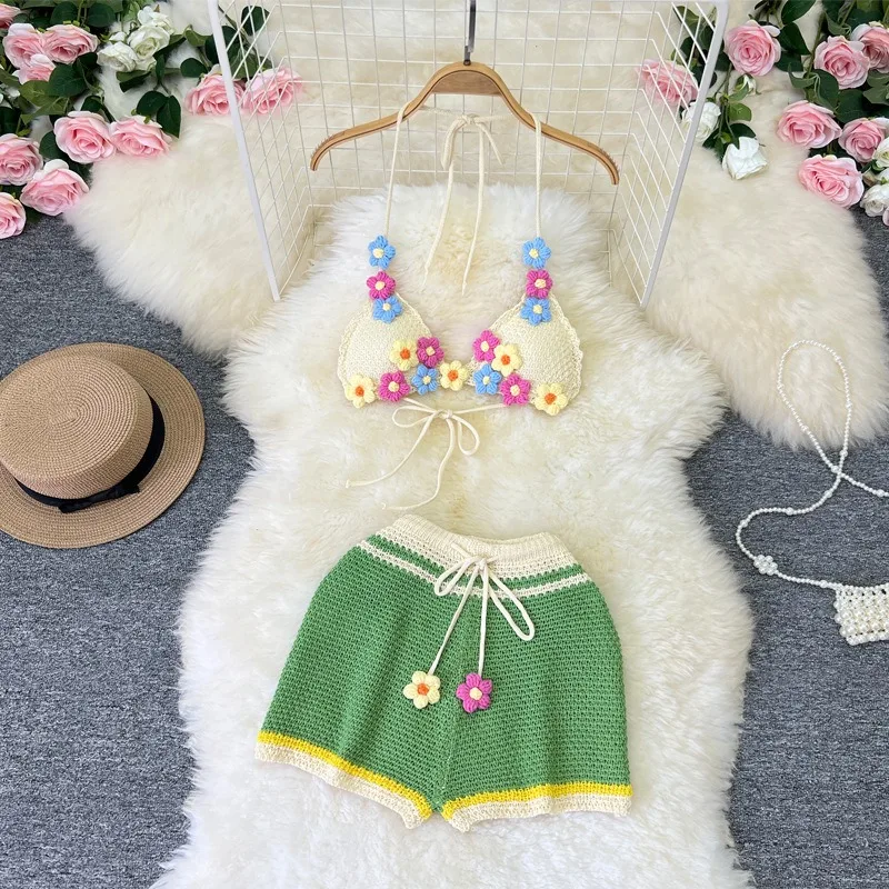 Summer Shorts Sets Women Girl Holiday Beach Bikini Knitted Crochet Flower Halter Camisole with Shorts Women Sexy Two Piece Sets