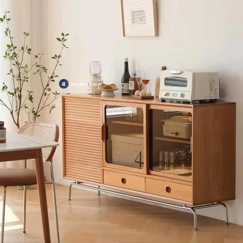 01A L lt خزانة جانبية بسيطة من الخشب الصلب خزانة صغيرة متوسطة قديمة تخزين خزانة المطبخ باب منزلق خزانة الشاي الإبداعية #5