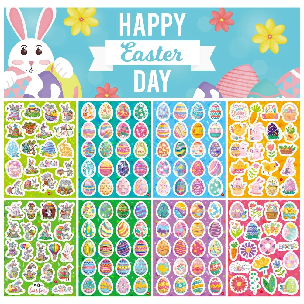 160pcs 8 Sheets Easter Stickers Laser Bunny Egg Cartoon Christmas Halloween Holographic Waterproof Removable Vinyl Sticker Decor