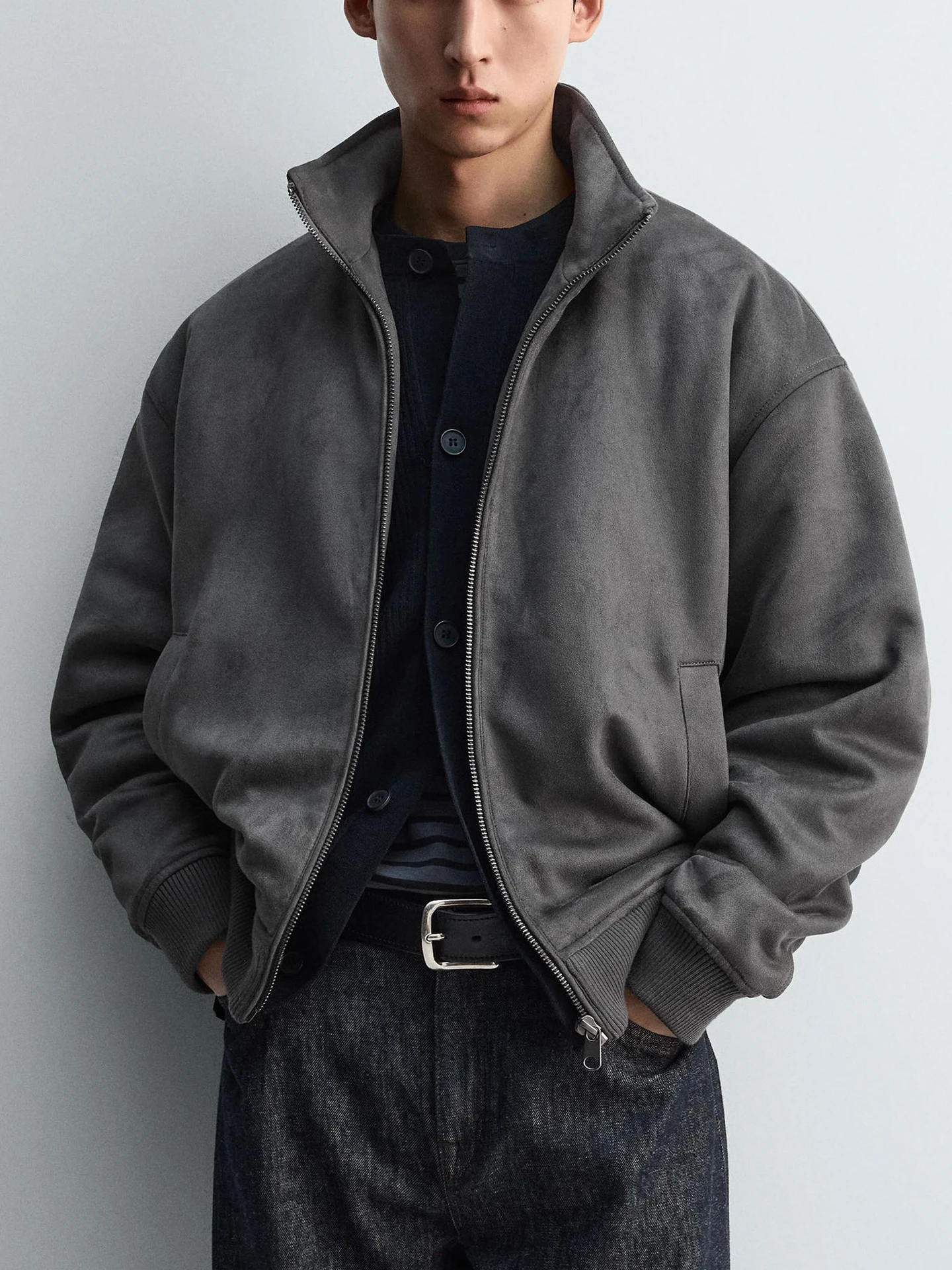 

New Winter Men's Jaet Loose Fce Texture Effect Coat Zipper Casual Sle Warmth Polyester Fiber Long Sve Youth Outerwear