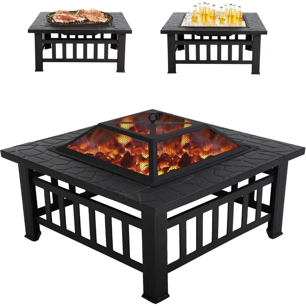 

32 Inch Square Metal Outdoor Fire Pit with Charcoal Grill, Mesh Cover, and Poker for Camping and Picnic Activities