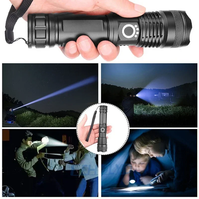 Senter Led XHP100 daya tinggi, dapat diisi ulang 4 inti senter tangan Usb Zoom untuk berkemah, penggunaan luar ruangan & darurat