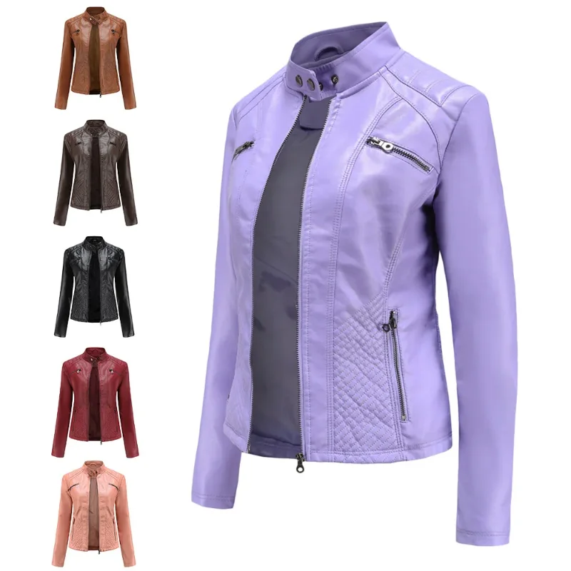 Veste en cuir décontractée pour femme, col montant, mince, confort, loisirs, bureau, dame, vêtements de traitement sans fer, printemps, automne, 2024