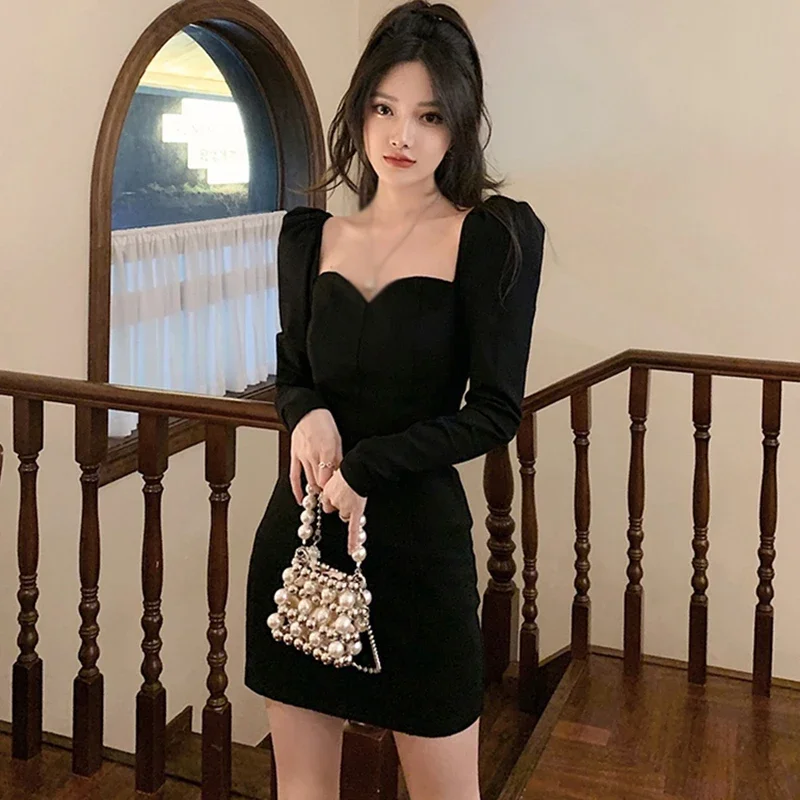 

Women's Slim Dress Solid Color V Neck Evening Part Dress Puff Long Sleeve Slim Temperament Sexy Fashion Korean Version