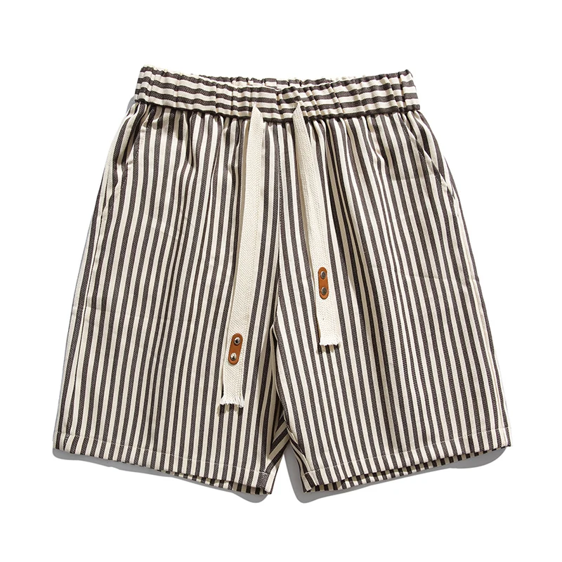 Men's Summer Elastic Striped Drawstring Solid Bandage Shirring Pockets Casual Sports Loose Trousers Preppy Style Vintage Shorts