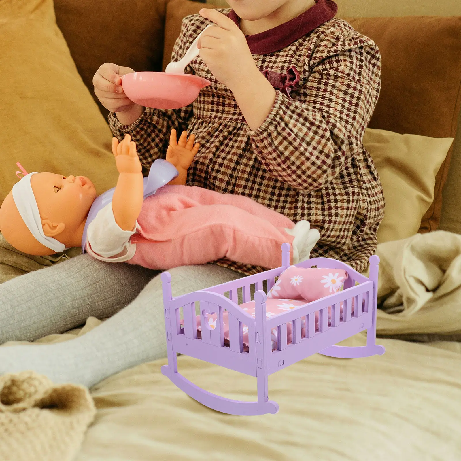 

1Set Miniature Bed Wooden Baby Crib Mini House Furniture Ornament Mini Decoration Wooden Bed Pretend Toy