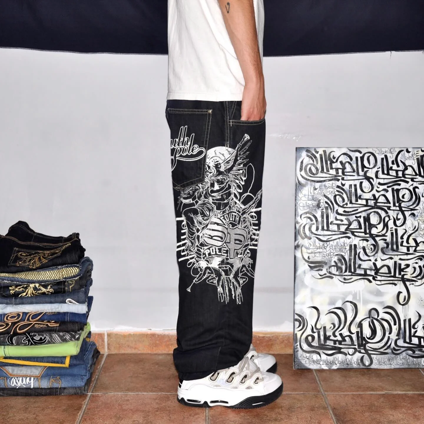 Vintage SouthPole Baggy Rap Naw Tide Logo Y2K جينز هاي ستريت جيوب متعددة السراويل الشاملة #2