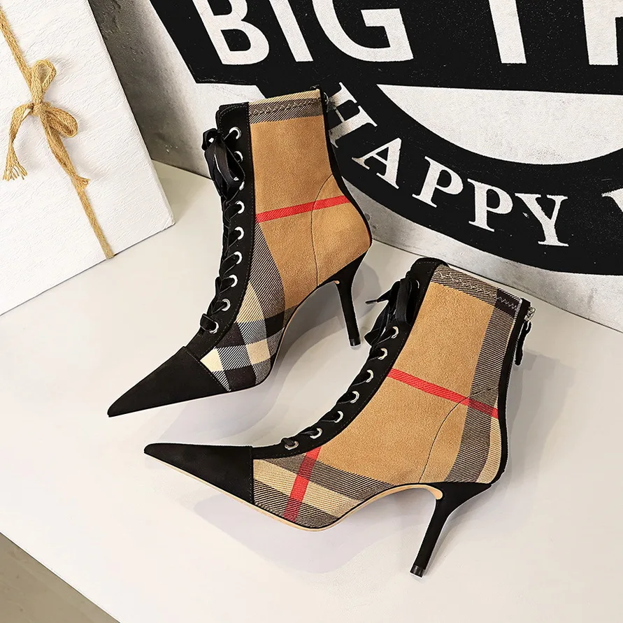 

fashion Fashion Stiletto High Heel Pointed Plaid Contrast Color Suede Trendy Cross Lace Up Short Boots Women Pumps Wedding Shoes