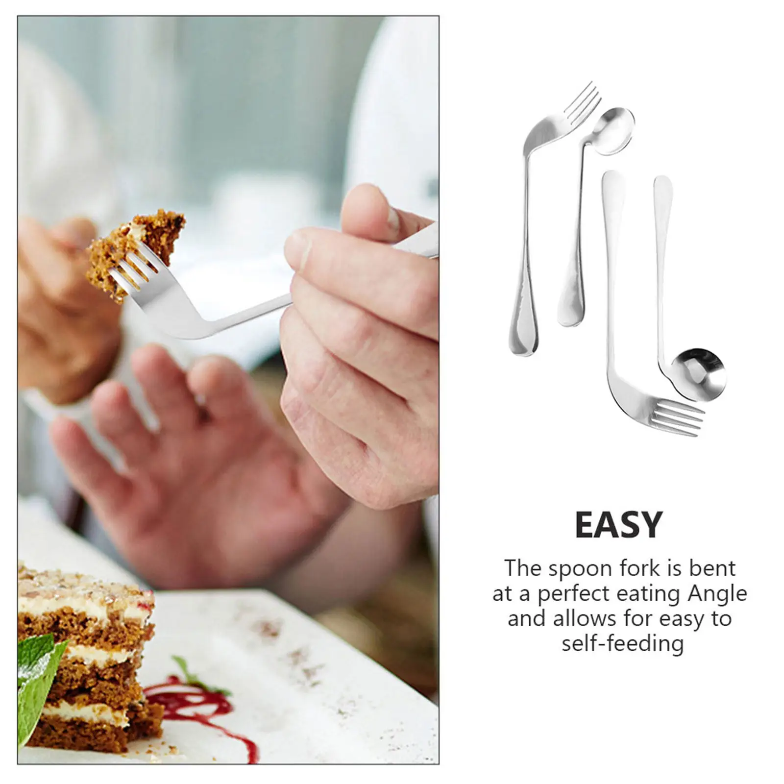 1Set Stainless Steel Angled Feeding Fork Spoon Non Slip Handle Self Feeding Aid for Patients Elderly Adaptive Utensils
