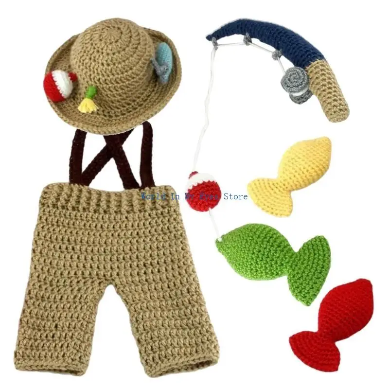 124dプロの新生児釣りニットコスチュームセットクリエイティブベイビー写真パンツマッチングベイジンキャップバケツハット
