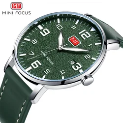 MINI FOCUS 0158G Green Men Quartz Watches Simple Leisure Date Analog Display Leather Strap Wristwatch for Male Clock Gift